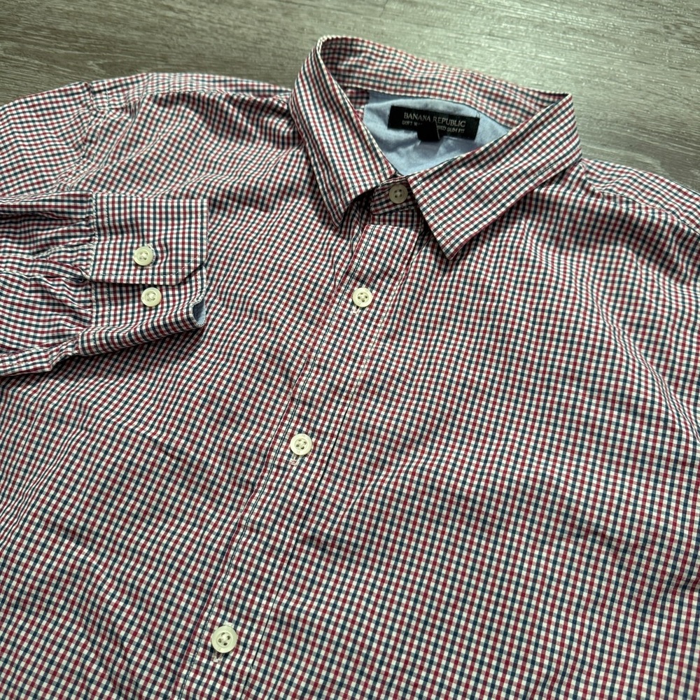 Banana Republic Shirt Mens L Red Cotton Tailored Slim Fit Gingham Preppy Classic